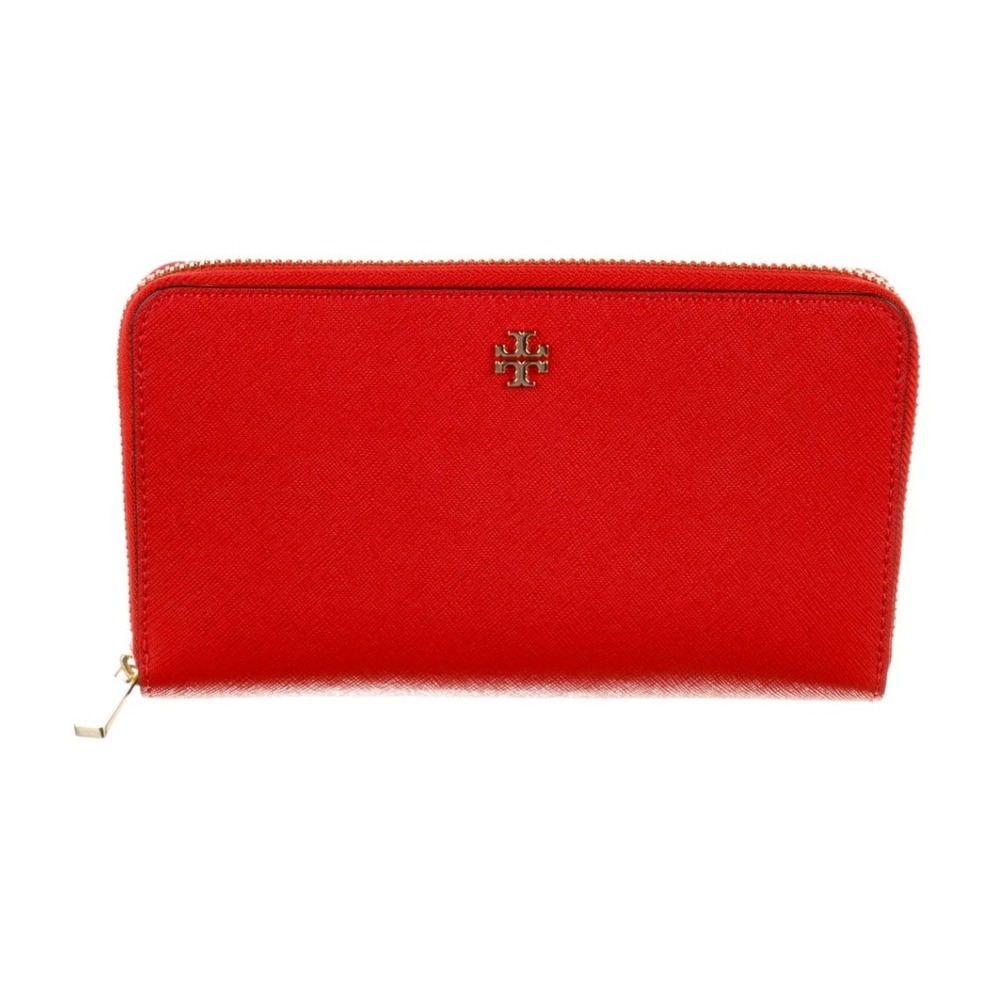 Tory Burch Robinson Zip Continental Wallet Red Saffiano Leather Gold Logo